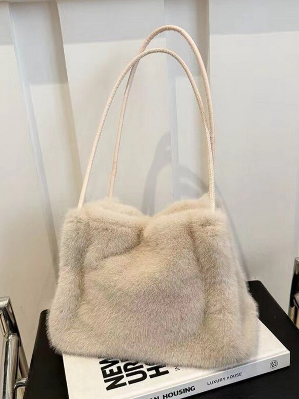 Faux Fur Shoulder Bag in Light Beige - Women Bags
